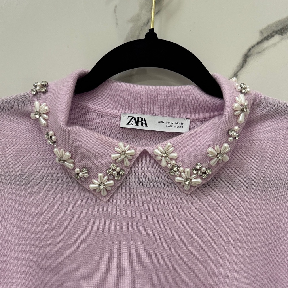 Zara Light Purple Sweater with Pearl Diamond Flower Collar - Picture 4 of 8